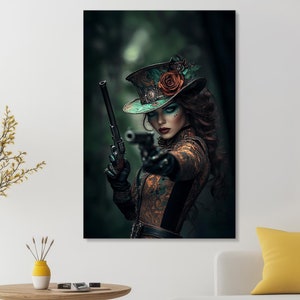 Steampunk Warrior Woman Canvas Art, Vintage Fantasy Decor