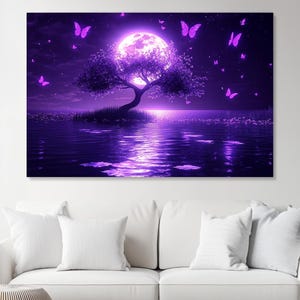 Purple Moonlit Tree Canvas Art, Enchanted Butterfly Nightscape