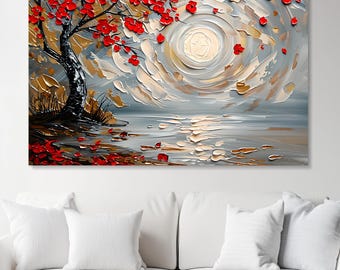 Red Blossom Tree Canvas, Abstract Moon Oil Painting, Metallic Texture