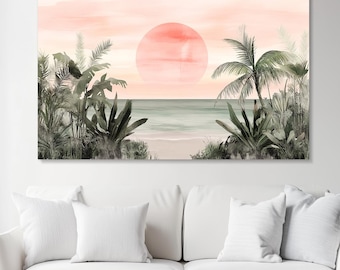 Tropical Sunset Beach Canvas Art, Coastal Palm Tree Print