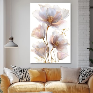 Gold Floral Canvas Art, Modern Botanical Wall Decor