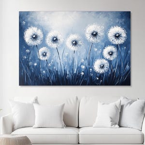 Dandelion Wall Art, Blue Dandelion Field Painting, Dreamy Floral Landscape Art, Dandelion Canvas Wall Art, Serene Dandelion Artwork