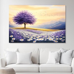Tree Canvas Wall Art, Life Tree Canvas, Purple Tree in Flower Field Art, Fall Oil Painting, Living Home Decor, Nature Landscape Canvas