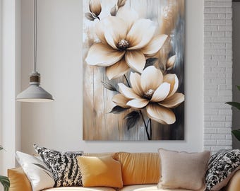 Magnolia Floral Canvas Art, Neutral Beige Flower Painting
