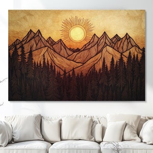 Carved Wooden Mountain Sunset Canvas Wall Art