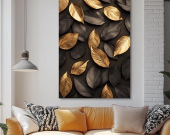 Gold and Black Leaves Canvas Art, Elegant Autumn Wall Decor