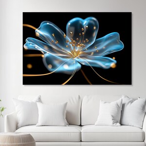 Blue Gold Floral Canvas Art, Modern Flower Wall Decor