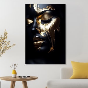 Abstract African Woman Gold Paint Canvas Art - Black Wall Decor