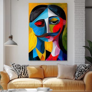 Abstract Male Portrait Canvas, Colorful Expressionist Cubist Wall Art