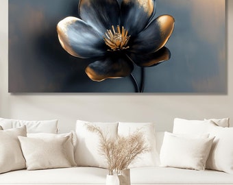 Black and Gold Floral Canvas Painting, Modern Abstract Wall Art