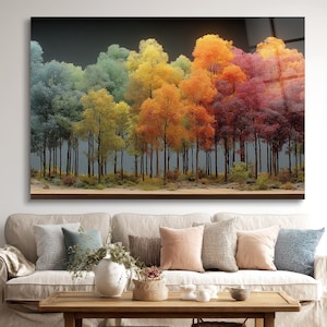 Colorful Forest Glass Art, Rainbow Trees Wall Print, Vibrant Nature Glass Picture, Autumn Forest Glass Decor, Multicolor Trees Wall Art