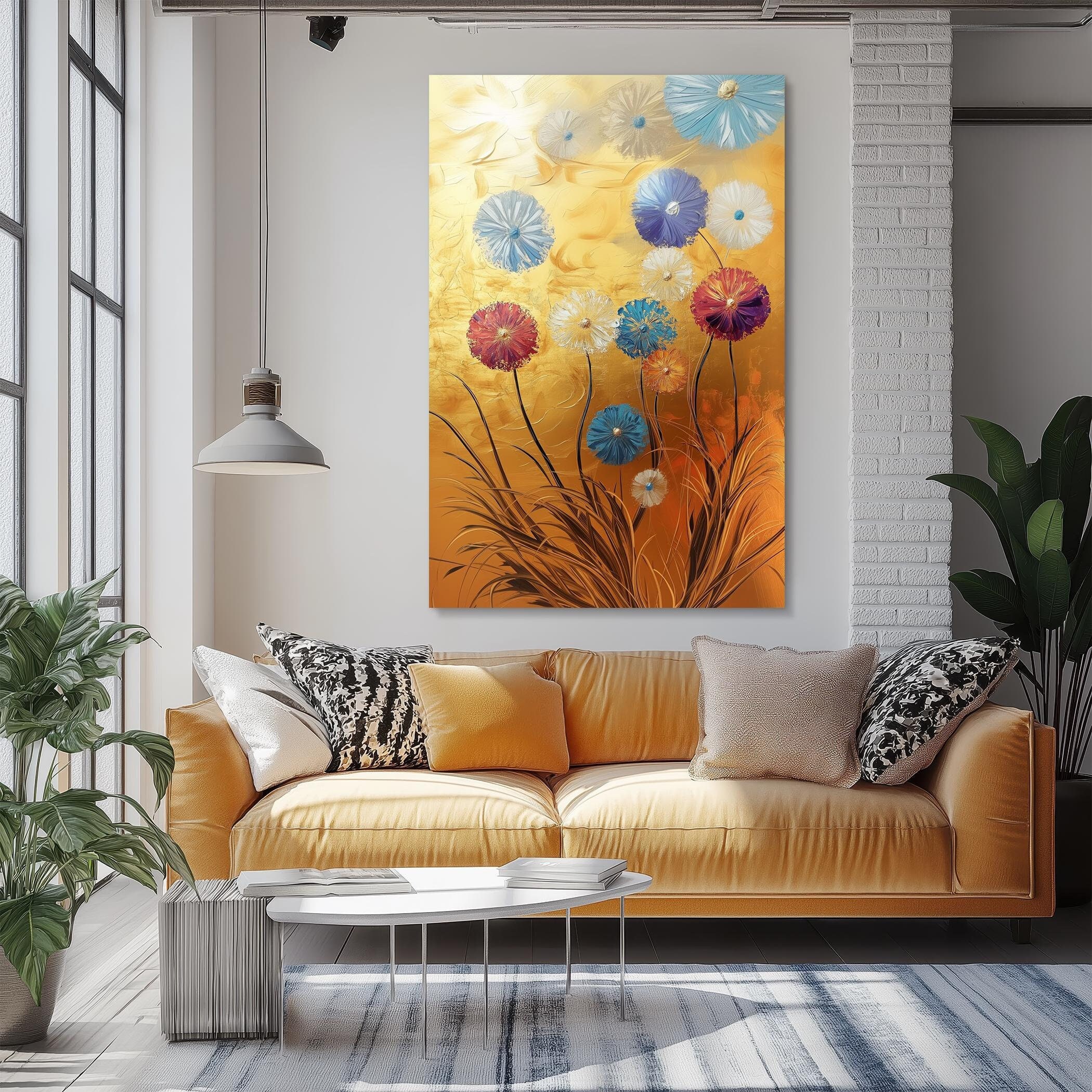 Golden Bloom Floral Canvas Art, Modern Abstract Painting