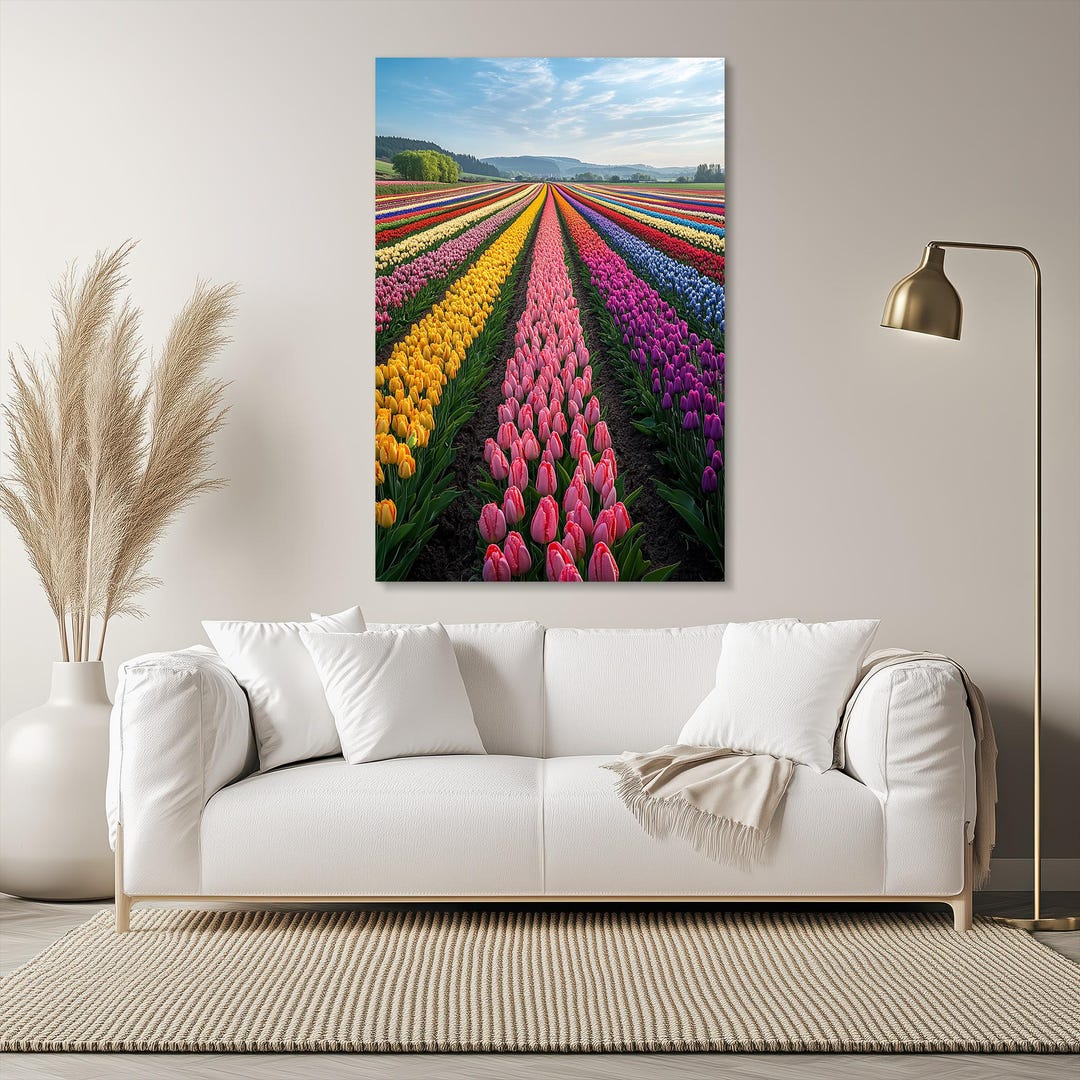 Rainbow Tulip Field Canvas Print, Vibrant Floral Landscape Art - Etsy