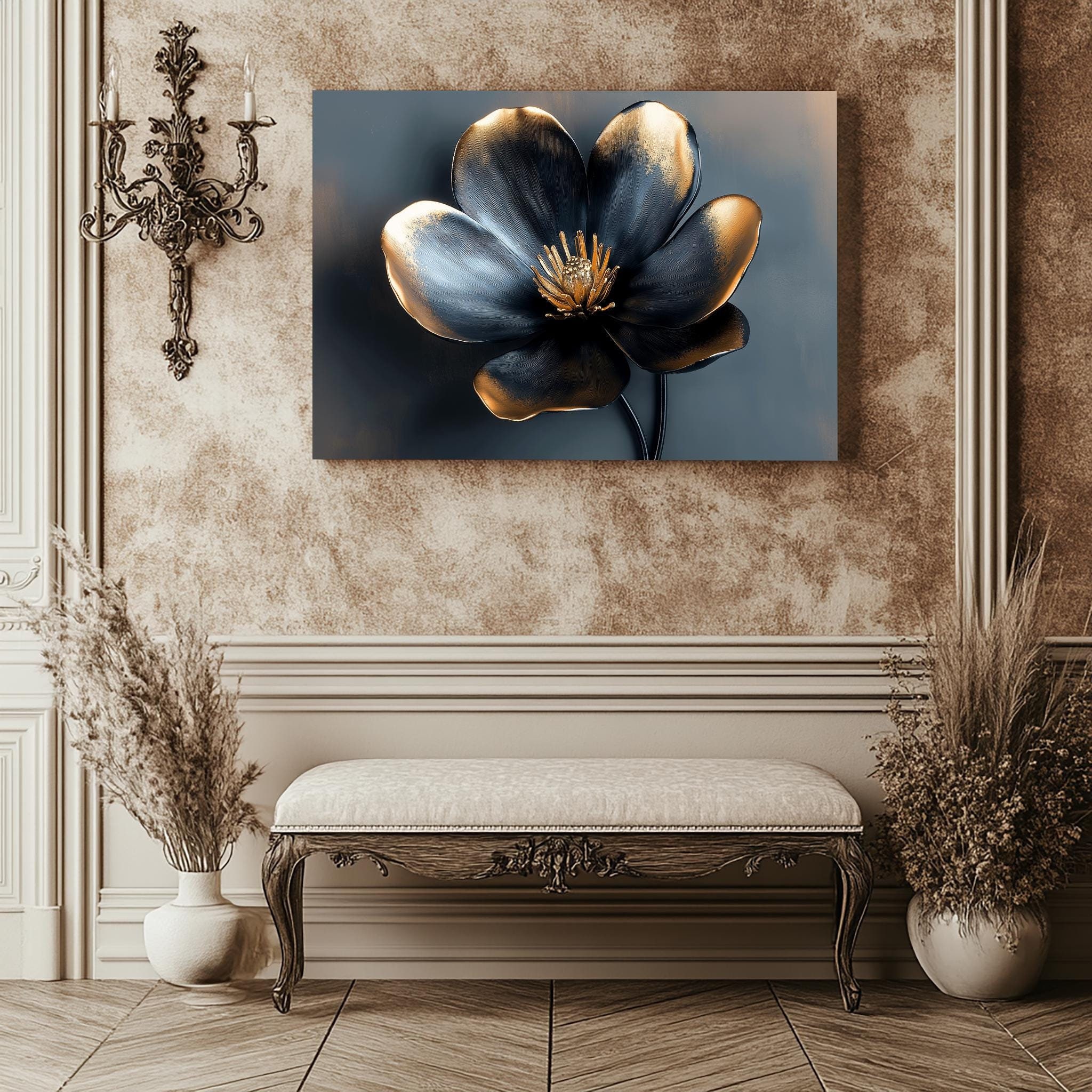 Black and Gold Flower Canvas Painting, Abstract Floral Wall Art, Home ...