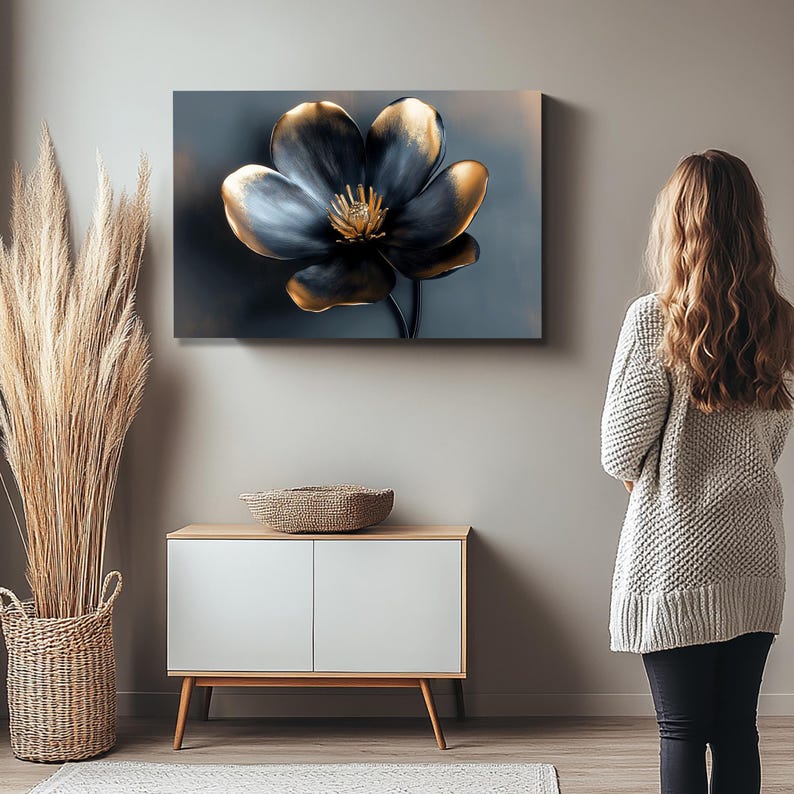 Black and Gold Flower Canvas Painting, Abstract Floral Wall Art, Home ...