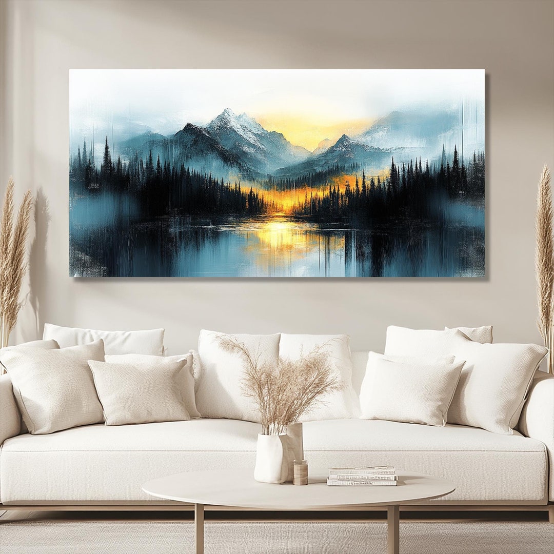 Sunset Mountain Lake Canvas Print, Abstract Landscape Wall Art - Etsy ...