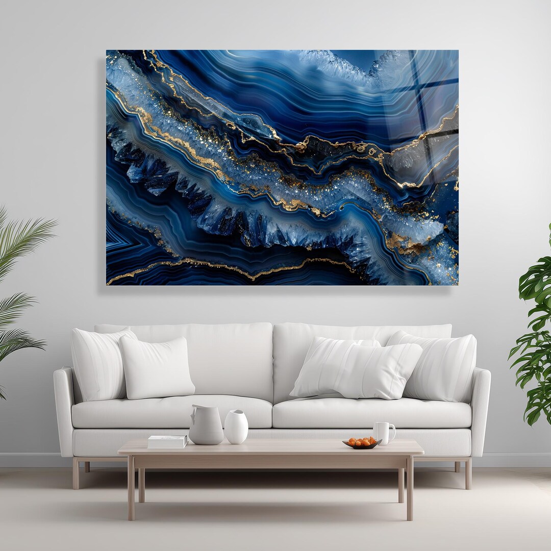 Navy Blue Agate Glass Wall Art, Luxury Gold Geode Print, Sapphire ...