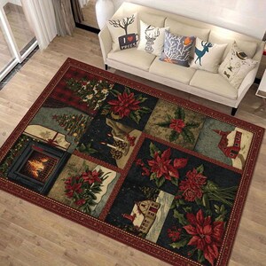 Vintage Christmas Patchwork Rug,Rustic Holiday Carpet,Cozy Fireplace Christmas Decor,Poinsettia and Tree Pattern Rug,Farmhouse Christmas Rug