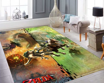 May include: Rectangular area rug featuring artwork from The Legend of Zelda: Twilight Princess HD. The rug displays a vibrant, detailed illustration with characters and scenes from the game, set against a colorful background. The rug has the game's logo at the bottom.