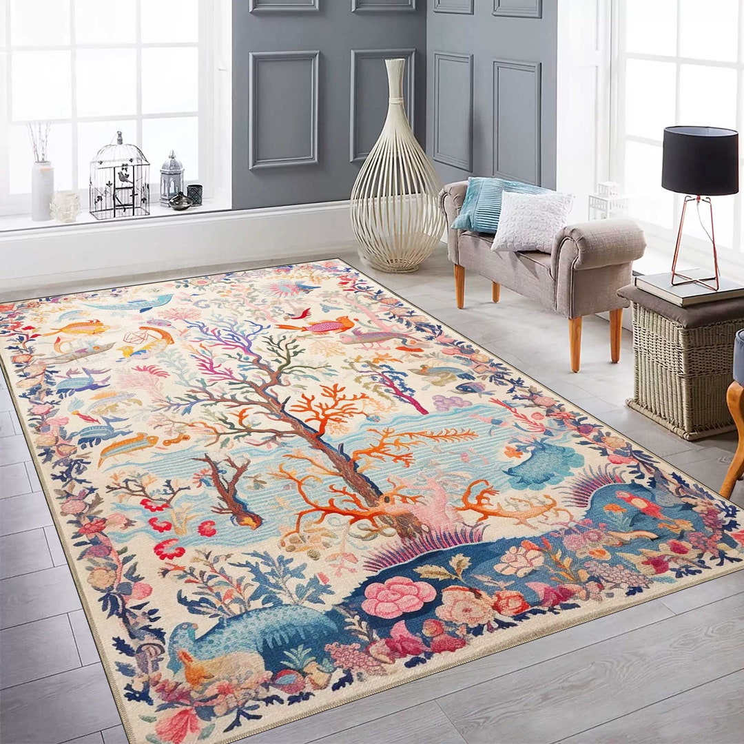 Vibrant Underwater Paradise Area Rug, Colorful Marine Life Design ...