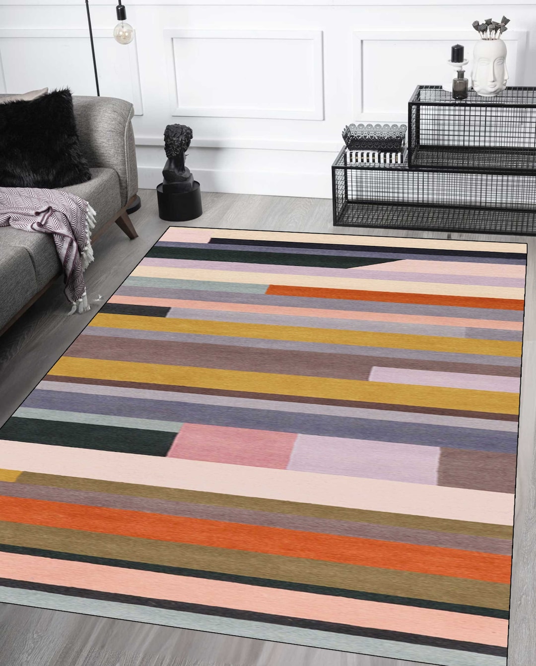 M Modern Rustic Rug Modern Rustic Rug: Colorful Striped Area Carpet, Custom Size - Etsy