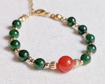Green Jade Red Carnelian Agate Beaded Chinese Bracelet: 14k Gold Filled Beads, Handmade Asian Christmas Bracelet