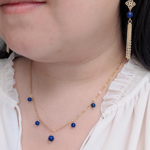 Natural Lapis Lazuli 14k Gold Filled Necklace | Dainty Blue Crystal Bead Dangle Charm Necklace Natural Gemstones Handmade Beaded Necklace