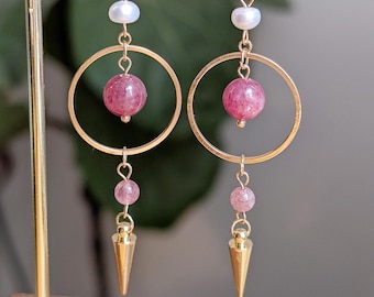 Handmade Love Attraction Pink Strawberry Quartz & Pearls Earrings 14K Gold Filled Loop and Dangle Modern Art Deco Earrings
