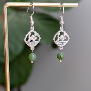 Natural Green Jade Silver Tone Earrings with 14K White Gold Filled Plum Blossom Flower Chinese Earrings Natural Gemstone Handmade Earrings