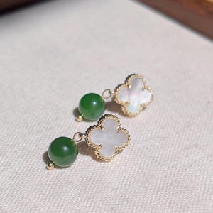 Green Jade Clover Earrings: 14K Gold Filled, Mother of Pearl, Sterling Silver