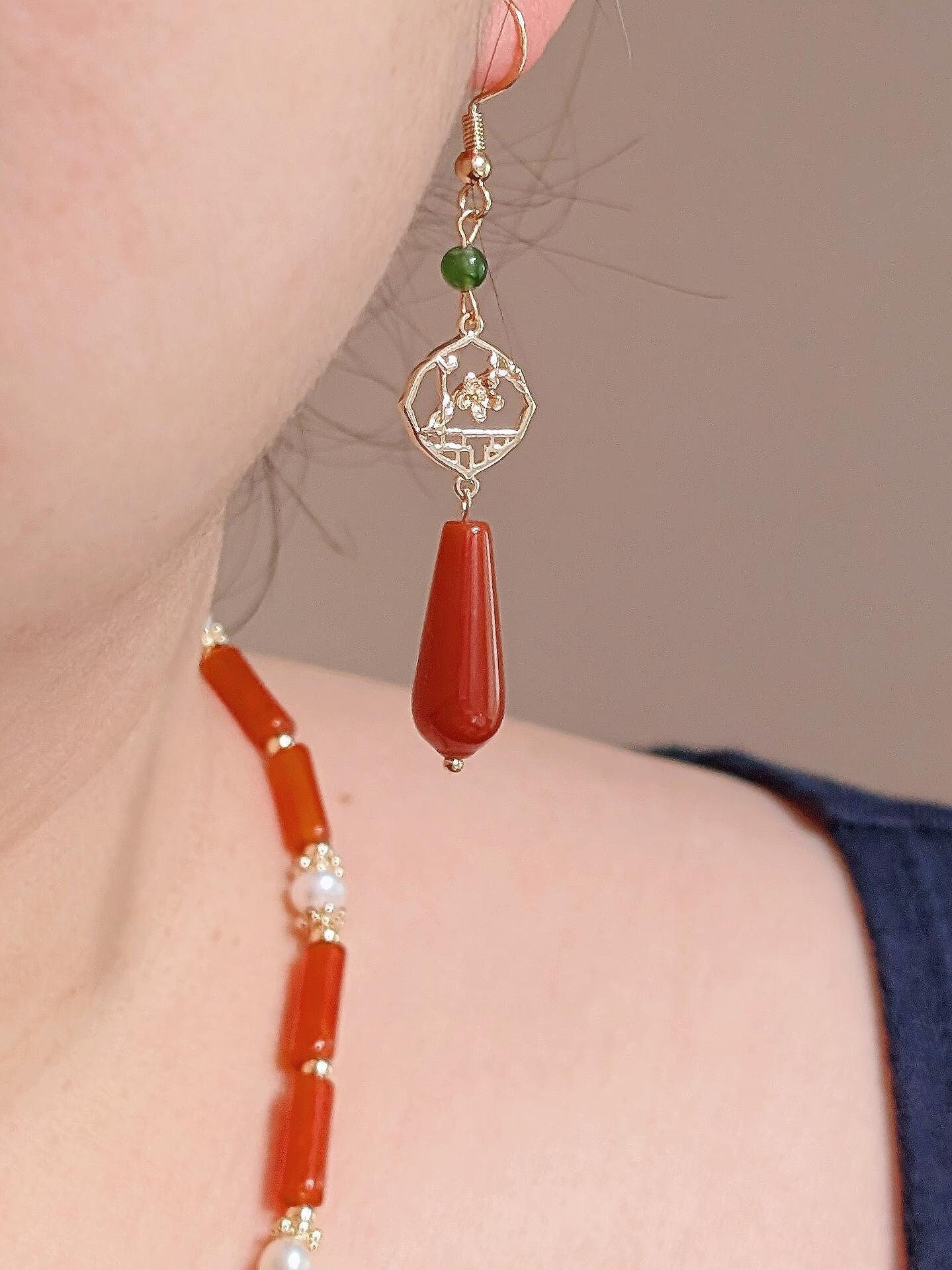 Natural Green Jade Red Agate Earrings for Lunar New Year 14K Gold Filled Plum Blossom Chinese Earrings Natural Gemstone Handmade Earrings