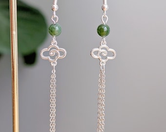 Green Jade Silver Lucky Cloud Tassel Earrings 14K White Gold Filled Silver Chinese Earrings Natural Gemstone Handmade Earrings