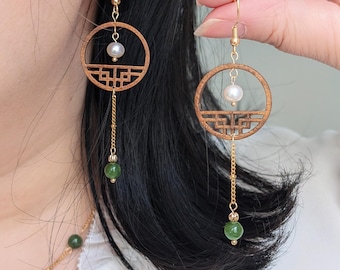 Handmade Green Jade & Pearls Earrings Wooden Chinese Window Lattice design 14K Gold Filled Earrings Asian Oriental Dangle Earrings