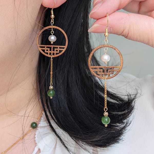 Handmade Green Jade & Pearls Earrings Wooden Chinese Window Lattice design 14K Gold Filled Asian Chinese Earrings