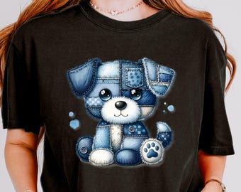 Perro de retazos de mezclilla PNG, diseño de sublimación de cachorro lindo, descarga digital de perro de mezclilla, diseño de camiseta de perro estilo western