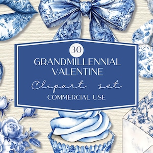 Chinoiserie Valentines Clipart, 30 Grandmillennial Valentine Clipart, Vintage Floral clipart, Valentine Clipart Bundle for Commercial use
