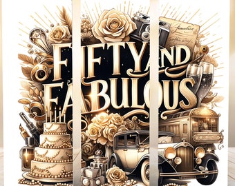 Diseño PNG para vaso "Fifty and Fabulous", diseño vintage de diamante para cumpleaños, vaso delgado de 20 oz para sublimación.