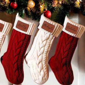 Custom Xmas Family Stockings with Name Tags, Christmas Stockings Personalized Leather Patch, Engraved Christmas Stocking With Name