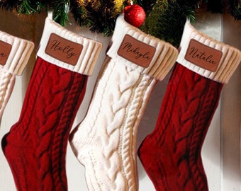 Custom Xmas Family Stockings with Name Tags, Christmas Stockings Personalized Leather Patch, Engraved Christmas Stocking With Name