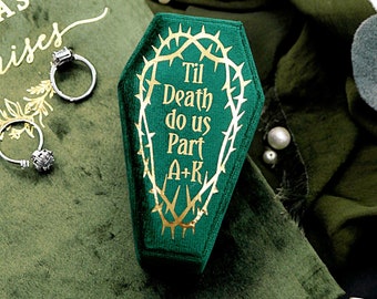 Sarg Samt Ring Box, personalisierte Halloween Hochzeit Verlobungsring Box, bis der Tod uns teilt Ringträger Box, Valentinstag Gothic Geschenk