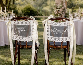 Personalized Lace Chair Signs, Just Married Chair Sign for Bride and Groom, Wedding Chair Covers, Sheer Lace Signs, Wedding Chair Decor