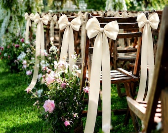 Pre-Tied Satin Wedding Chair Bows, Elegant Aisle Decor, Ceremony Reception Accent