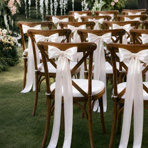 Puede incluir: Una serie de sillas de madera con respaldo en cruz dispuestas en filas, cada una con un asiento acolchado blanco y un gran lazo decorativo de satén blanco atado en el respaldo. Las sillas tienen un acabado de madera marrón cálido.