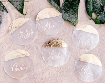 Capiz Shell Wedding Place Card, Shell Place Card, Personalized Calligraphy, Name Place Setting, Natural Seashell Beach (SPC)