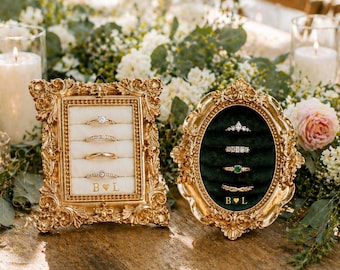 Personalized Antique Gold Ring Holder Frame, Custom Initials Wedding Jewelry Display, Engagement Ring Stand, Bridal Keepsake