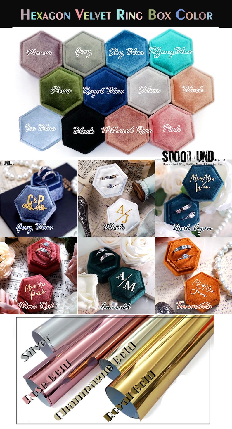 May include: Hexagon shaped velvet ring boxes in various colors, including mauve, grey, sky blue, tiffany blue, olives, royal blue, silver, blush, ice blue, black, withered rose, pink, grey blue, white, dark cyan, wine red, emerald, and terracotta. The boxes are shown with rings inside. The image also shows a close-up of four different colored rolls of metallic paper: silver, rose gold, champagne gold, and royal gold.