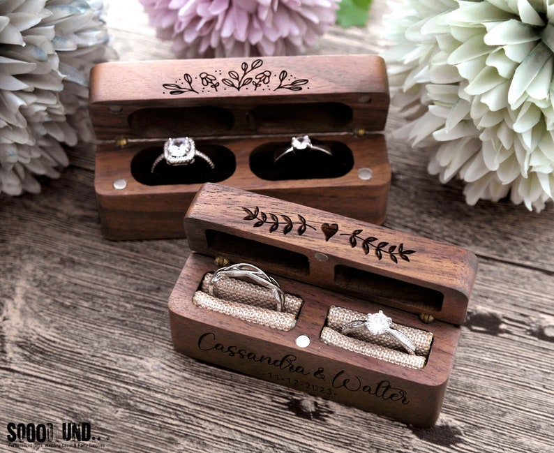 Caja de anillo, Caja de anillo de boda, Caja de anillo de compromiso doble, Caja portadora de anillo, Caja de anillo de madera, Caja de anillo de propuesta, Almohada de anillo personalizada imagen 3