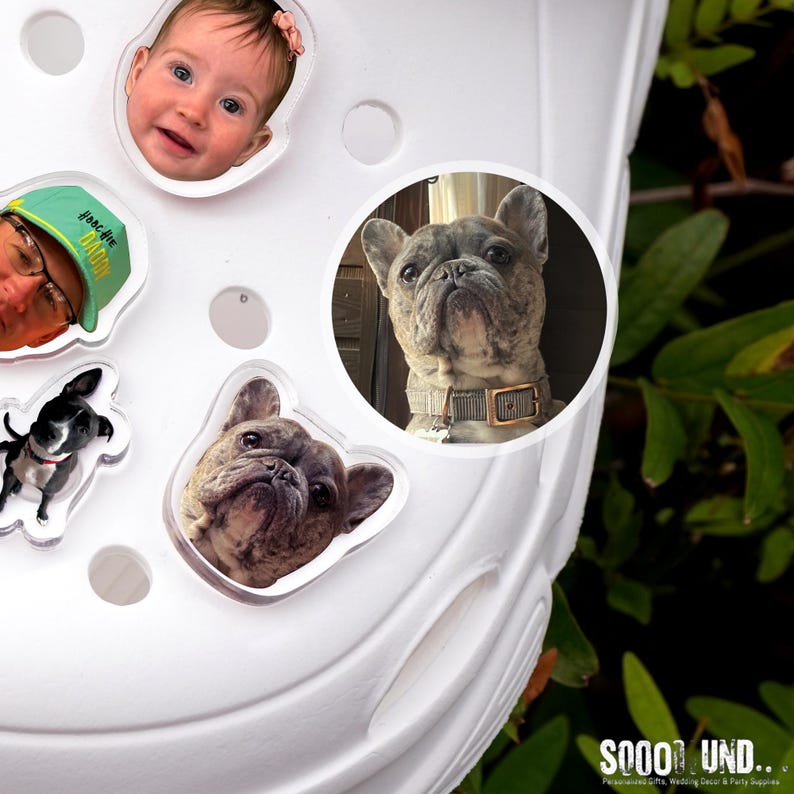 May include: White shoe with several clear charms attached. Charms include a baby's face, a person wearing a green hat, a small black and white dog, and two images of a French Bulldog. The shoe has a textured surface.