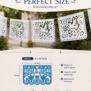 May include: A set of 10 white felt banners featuring intricate laser-cut designs of doves and flowers. The product display includes a blue sample banner with the text EMMA & JAMES EST. 2027, measuring 8 inches by 10 inches, and icons indicating 1mm thickness.
