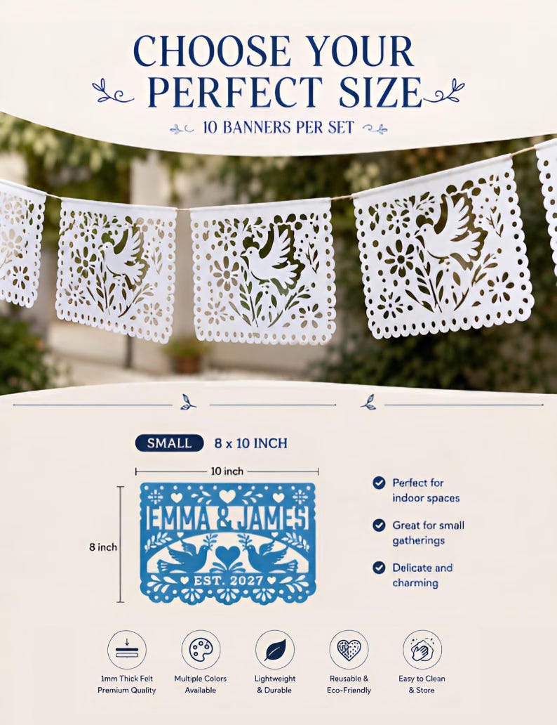 May include: A set of 10 white felt banners featuring intricate laser-cut designs of doves and flowers. The product display includes a blue sample banner with the text EMMA & JAMES EST. 2027, measuring 8 inches by 10 inches, and icons indicating 1mm thickness.